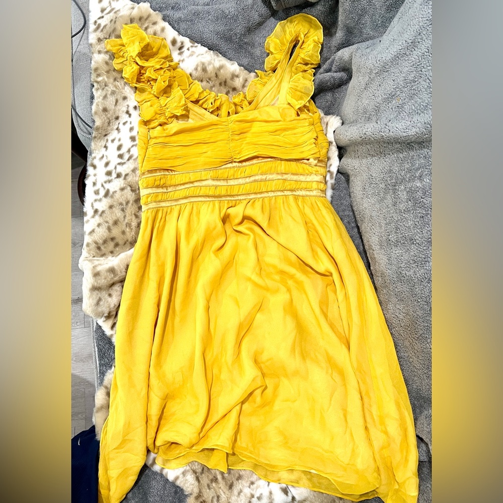 Diane Von Furstenberg Golden Yellow 100% Silk Ruffle Tier Empire Dress! So cute! - Picture 4 of 5